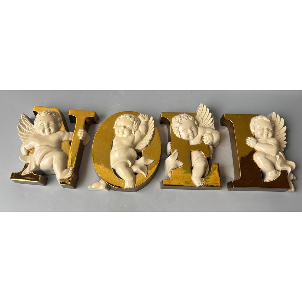 Vintage Burwood 1987 NOEL Cherub‎ Angel Wall Hanging Set Gold Cream Christmas